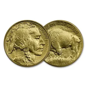Two 1 oz American Buffalo Gold Coins display a Native American and an American bison.
