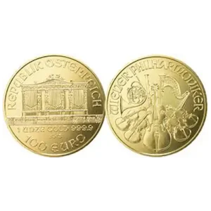 Two 1 oz Austrian Gold Philharmonic coins, displaying both front and back designs.