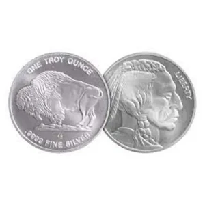 Two 1 oz Silver Buffalo Rounds: one with a buffalo, one with a Native American and "LIBERTY".