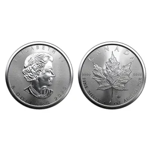Two 1 oz Canadian Silver Maple Leaf coins displaying a maple leaf and Queen Elizabeth II.