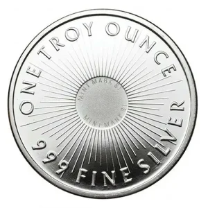 A 1 oz Silver Round with a sunburst design and marked "One Troy Ounce, 999 Fine Silver.