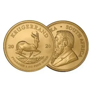 Two 1 oz South African Gold Krugerrands: one with a springbok, one with a man's profile.