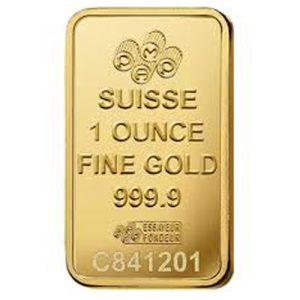 1 oz Gold Bar marked "Suisse," "999.9 fine gold," and a unique serial number.