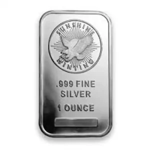 1 oz Silver Bar, .999 fine, eagle design with Sunshine Mining logo.