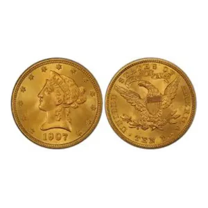 Obverse and reverse of $10 AU Liberty Gold Coin (1838-1907) with lady’s profile and eagle.