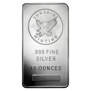 10 oz Silver Bar, .999 fine, eagle & Sunshine Minting logo on front.