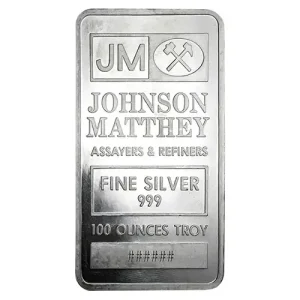 100 oz Silver Bar marked "FINE SILVER 999" and "ASSAYERS & REFINERS" by Johnson Matthey.