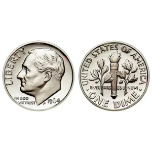 Front and back of a Roosevelt Dime (1946-1964) featuring Roosevelt and a torch with branches.
