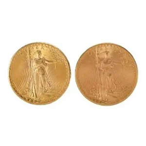 Two $20 AU Saint Gaudens Gold Coins (1907-1933) with detailed engravings on both sides.