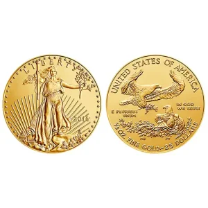 Obverse and reverse of a 1/2 oz American Gold Eagle show Lady Liberty and a family of eagles.
