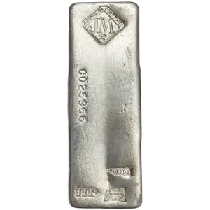 50 oz Silver Bar—rectangular with stamped serial number and hallmark.