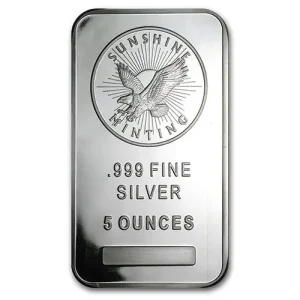 A 5 oz Silver Bar labeled ".999 fine silver" with an eagle and SUNSHINE MINTING.
