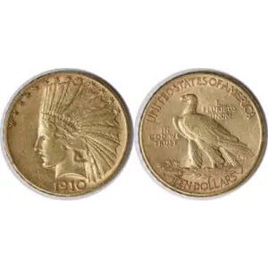 Front and back of a $10 AU Indian Gold Coin (1907-1933) featuring a Native American design.