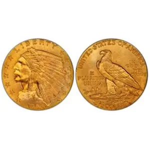 $2.5 AU Indian Gold Coin features a Native head and perched eagle (1908–1915, 1925–1929).