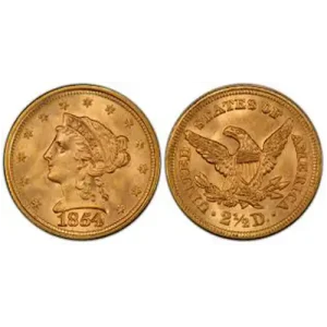 Front and back of a $2.5 AU Liberty Gold Coin (1840-1907) with a woman's profile and eagle.