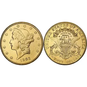 Front and back of a $20 AU Liberty Gold Coin (1849–1907) featuring Liberty and an eagle.