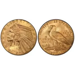 $5 AU Indian Gold Coin (1908-1929): Native American head front, eagle and US text back.