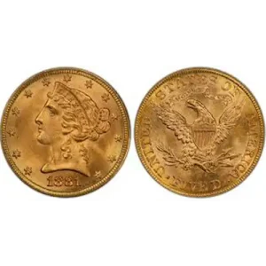 Obverse and reverse of $5 AU Liberty Gold Coin (1839-1908) featuring Lady Liberty and an eagle.