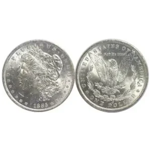 Front and back of an AU Morgan Silver Dollar (1878–1904 & 1921) shown side by side.