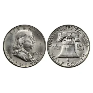 1963 Franklin Half Dollar featuring Franklin’s profile and Liberty Bell with inscriptions.