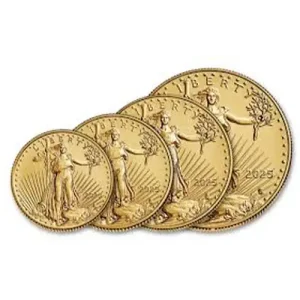 Four 1 oz American Gold Eagle coins are arranged in a row, each with a standing Liberty figure.