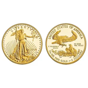Front and back of a 1/10 oz American Gold Eagle, Lady Liberty and eagle, $5 face value.