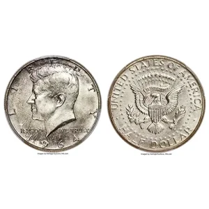 Front and back of a Kennedy Half Dollar (1964) from the United States.