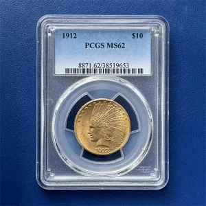 $10 MS62 Indian Gold Coin (1907-1933) by PCGS in display case on blue surface.