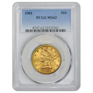 $10 MS 62 Liberty Gold Coin (1838-1907) in PCGS holder with visible serial and label.