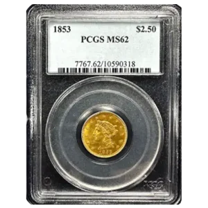 $2.5 MS62 Liberty Gold Coin (1840-1907) by PCGS in protective plastic holder.