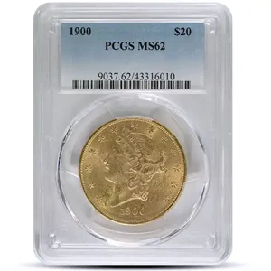 $20 MS62 Liberty Gold Coin (1849-1907) graded by PCGS in a clear holder with label and barcode.