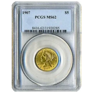 A $5 MS62 Indian Gold Coin (1908–1929) in a clear plastic holder.