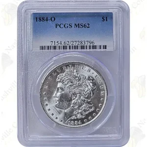 MS 62 Morgan Silver Dollar (PCGS), 1884-O, in clear plastic holder.