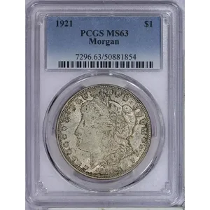 MS 63 Morgan Silver Dollar (1921) graded by PCGS.