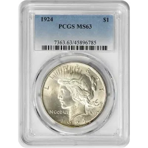 MS 63 Peace Dollar (1924) in plastic case, graded by PCGS.