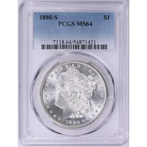 MS64 Morgan Silver Dollar (1878–1904, 1921) PCGS graded in clear holder.