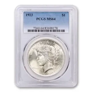 1923 MS64 Peace Dollar by PCGS in holder, from MS 64 Peace Dollars 1921-28 & 1934-35.
