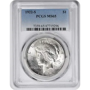 MS 65 Peace Dollar, 1922-S, graded by PCGS, sealed in holder.