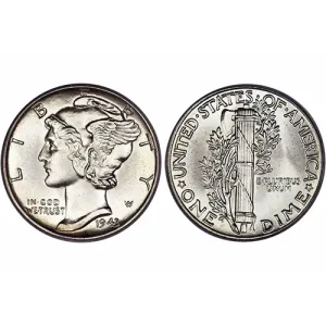 Front and back of a Mercury Dime (1916-1945), with Liberty’s profile and a fasces with olive branches.