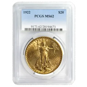 $20 AU Saint Gaudens Gold Coin (1922), graded MS62 by PCGS, in holder with label/barcode.