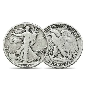 Two Walking Liberty Half Dollar coins (1916–1947) featuring Lady Liberty and an eagle.